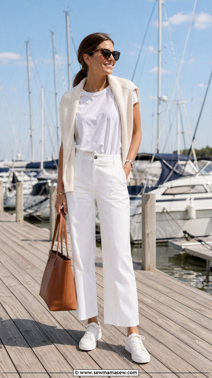 Relaxed Tee With Sweater Draped Over Shoulders - 35 Spring outfits in white