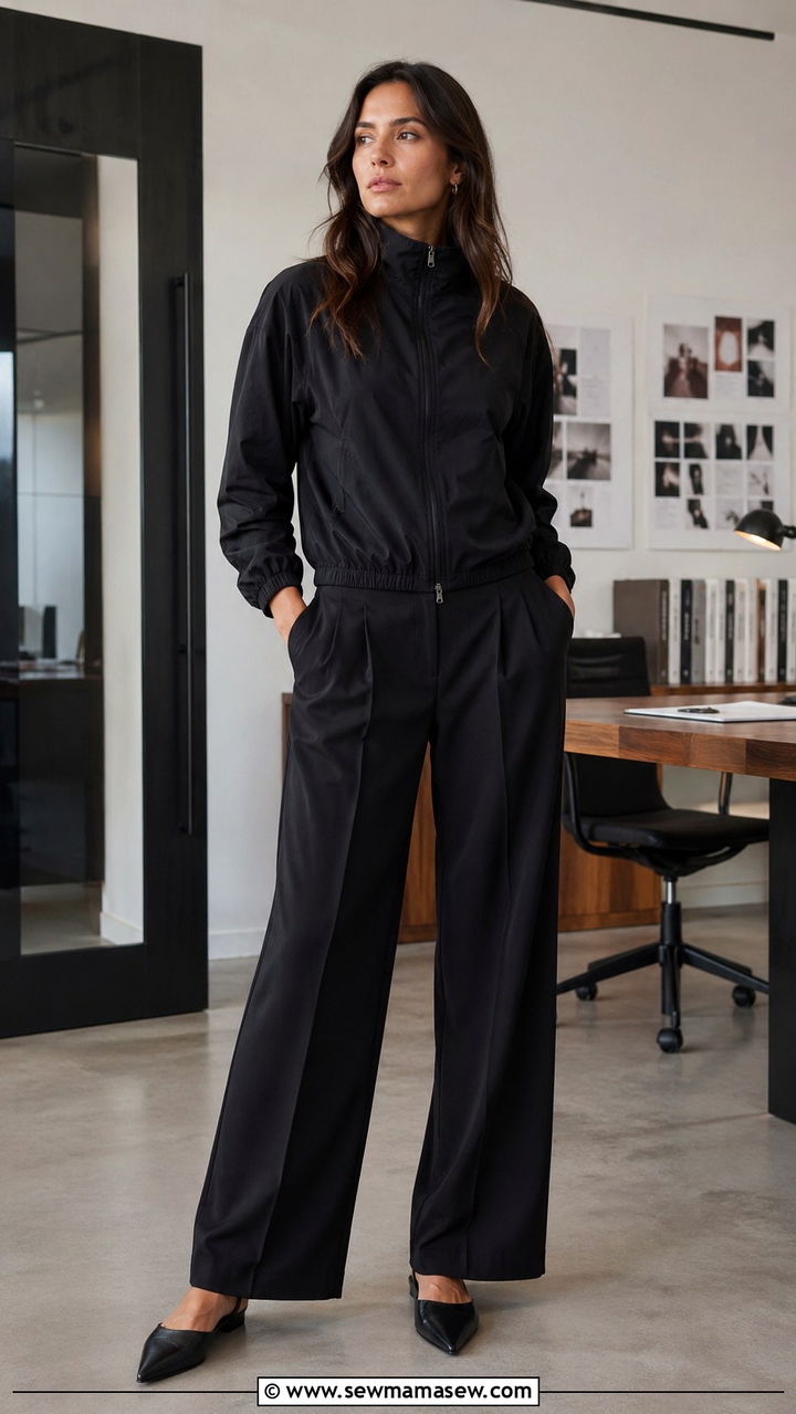 Relaxed Track Jacket With Wide Leg Tailored Trousers And Pointed Toe Mules - 30 sporty chic capsule wardrobe outfits