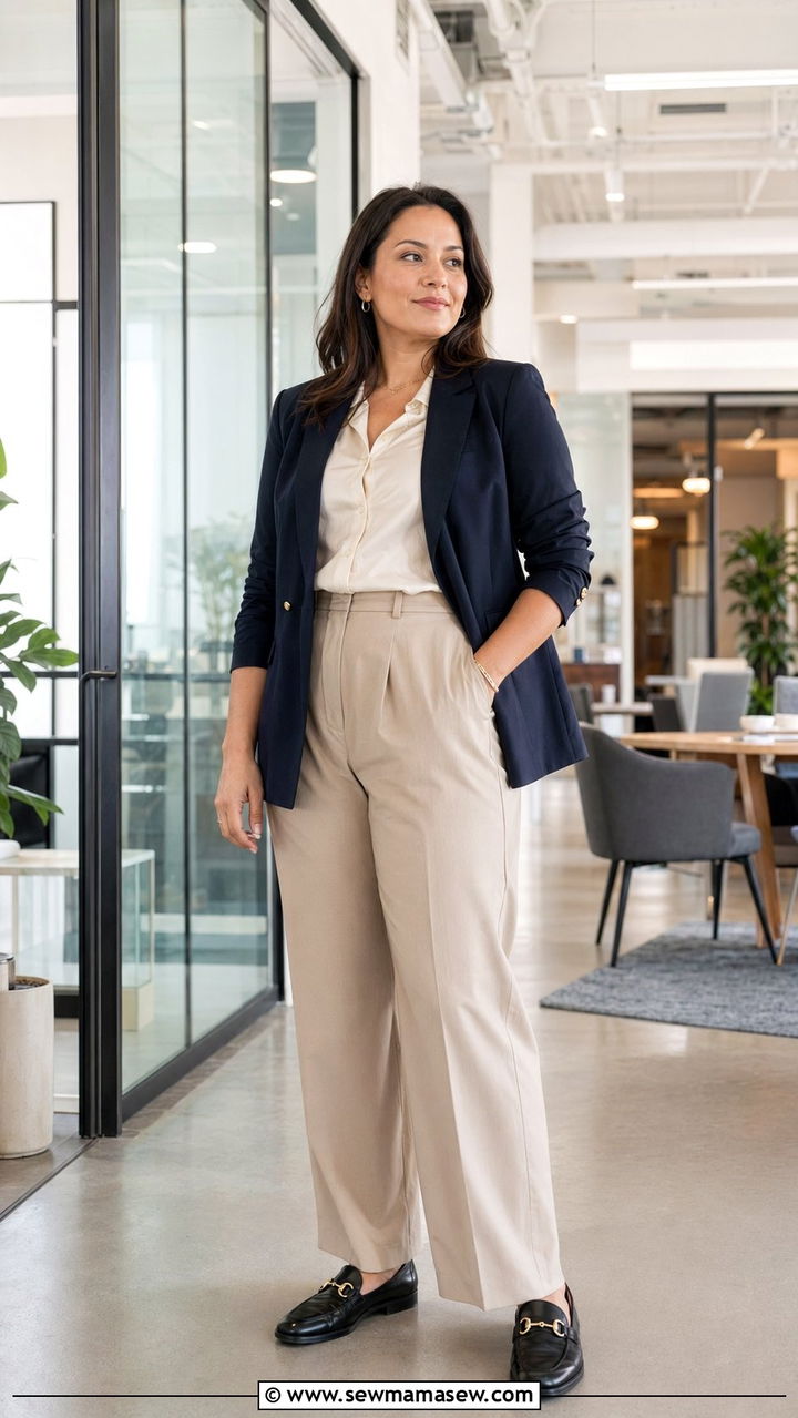 Relaxed Trousers With A Polished Blazer And Silk Blouse - 30 Work outfits for midsize women