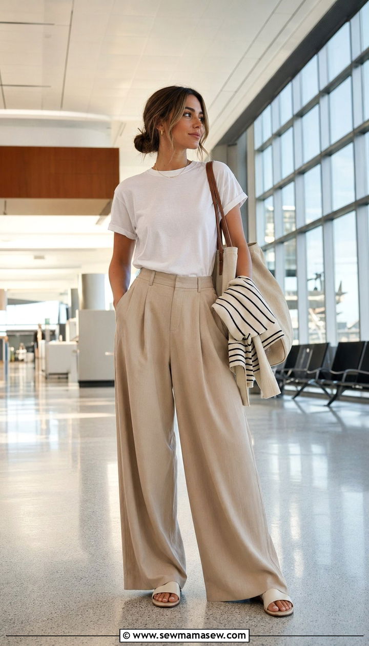 Relaxed Trousers and Crewneck Tee Airport Outfit - 30 Airport outfit ideas warm weather destination