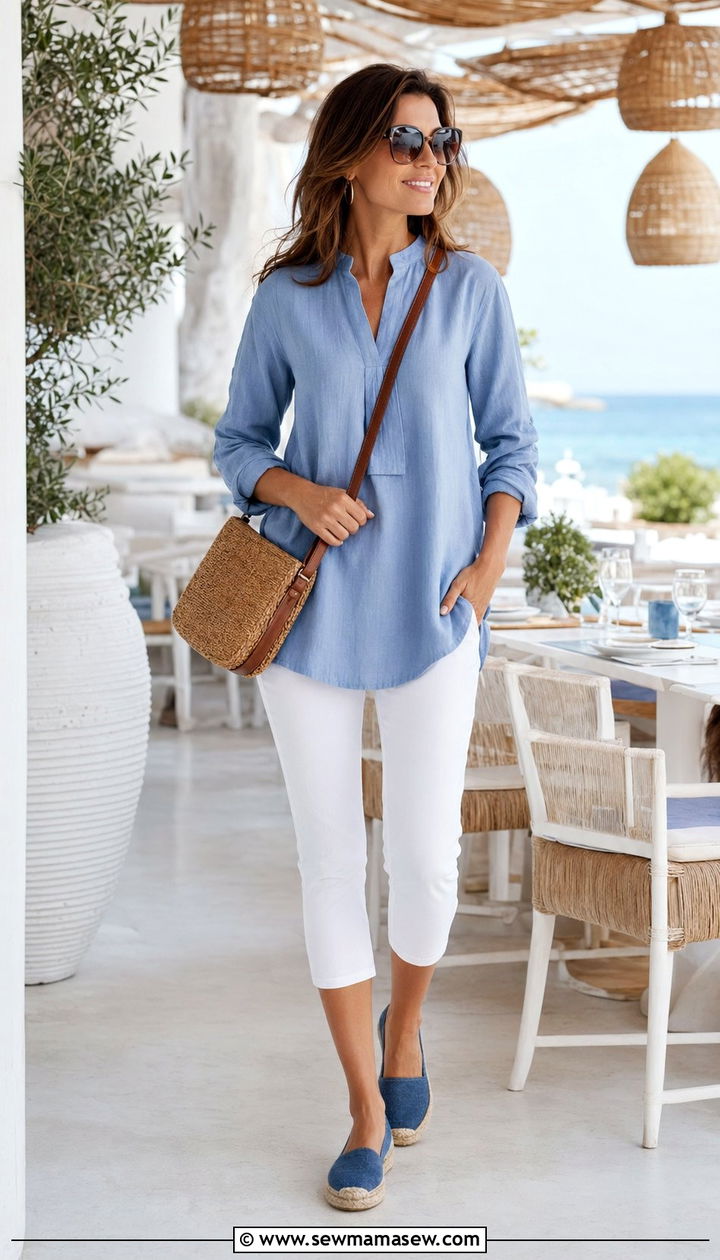 Relaxed Tunic with Slim Capri Pants and Espadrilles - 30 Beach vacation outfit ideas over 40