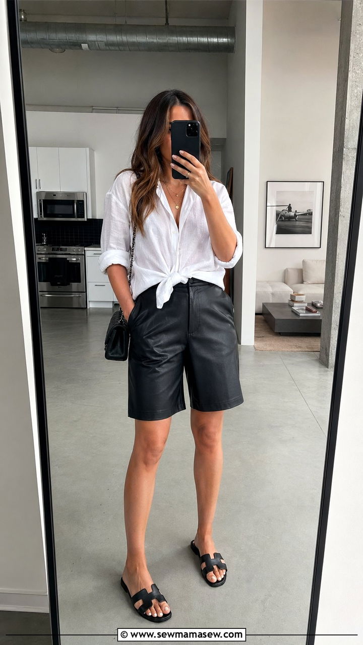 Relaxed White Linen Shirt With Faux Leather Bermuda Shorts - 30 Bermuda shorts outfit ideas with a button down