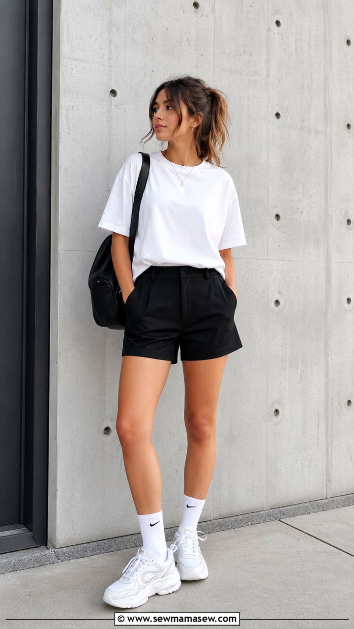 Relaxed White Tee and Tailored Black Shorts - 35 school outfits 2026
