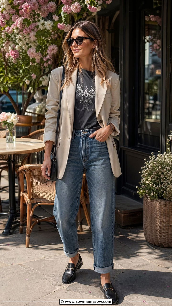 Relaxed blazer with graphic tee cuffed jeans and loafers - 35 Streetwear spring outfits