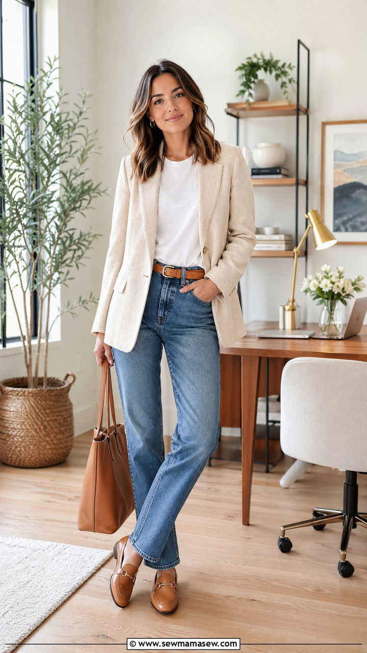 Relaxed blazer with straight leg jeans outfit - 35 spring work from home outfit ideas