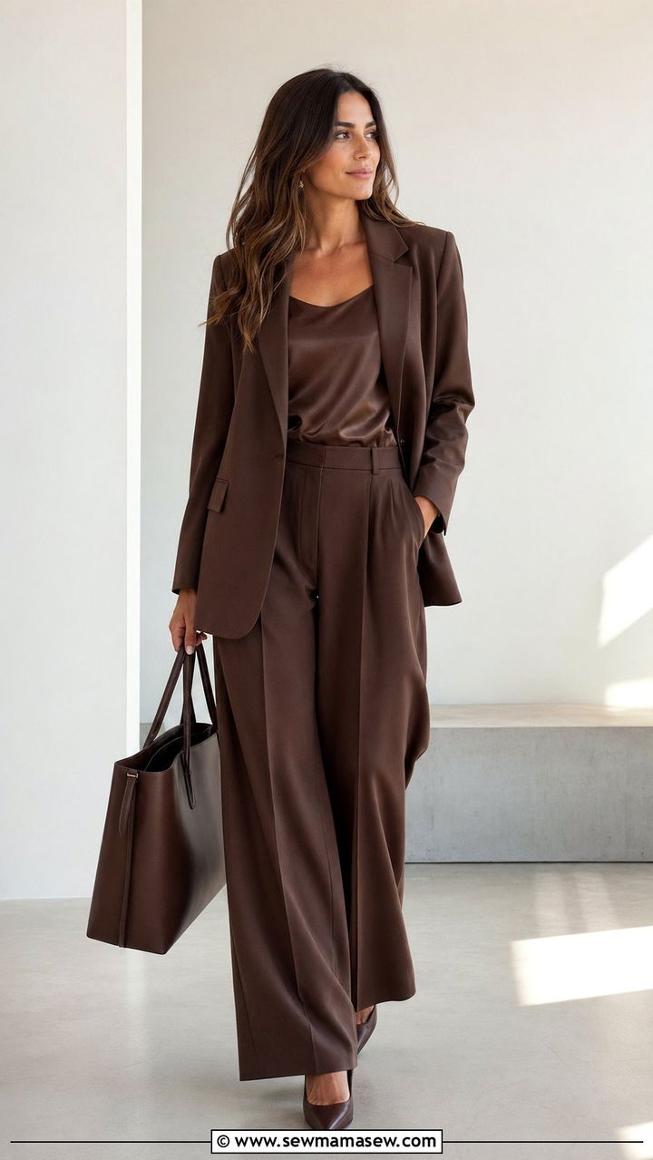 Relaxed blazer with tailored wide leg trousers and silk shell - 35 Modest outfit ideas for office