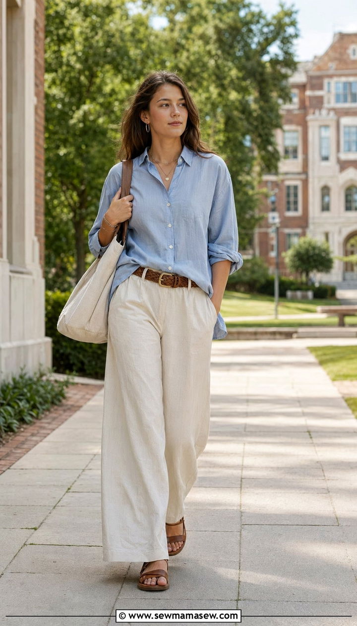 Relaxed button down and cream linen trousers - 30 Back to school outfit ideas for college 2026