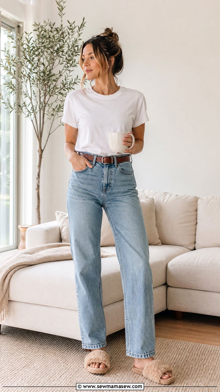 Relaxed denim and basic tee outfit - 35 Work from home outfits for moms