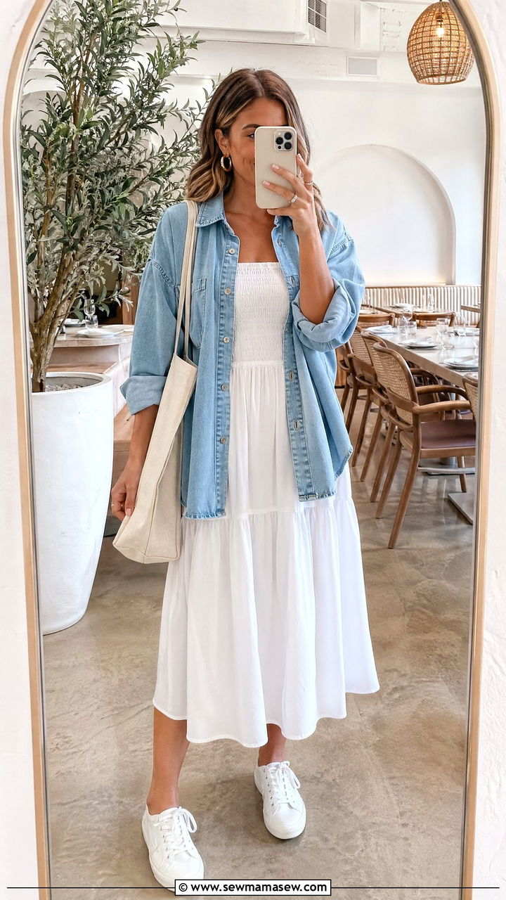 Relaxed denim shacket over a white midi dress with white sneakers - 35 Coastal grandmother outfit ideas