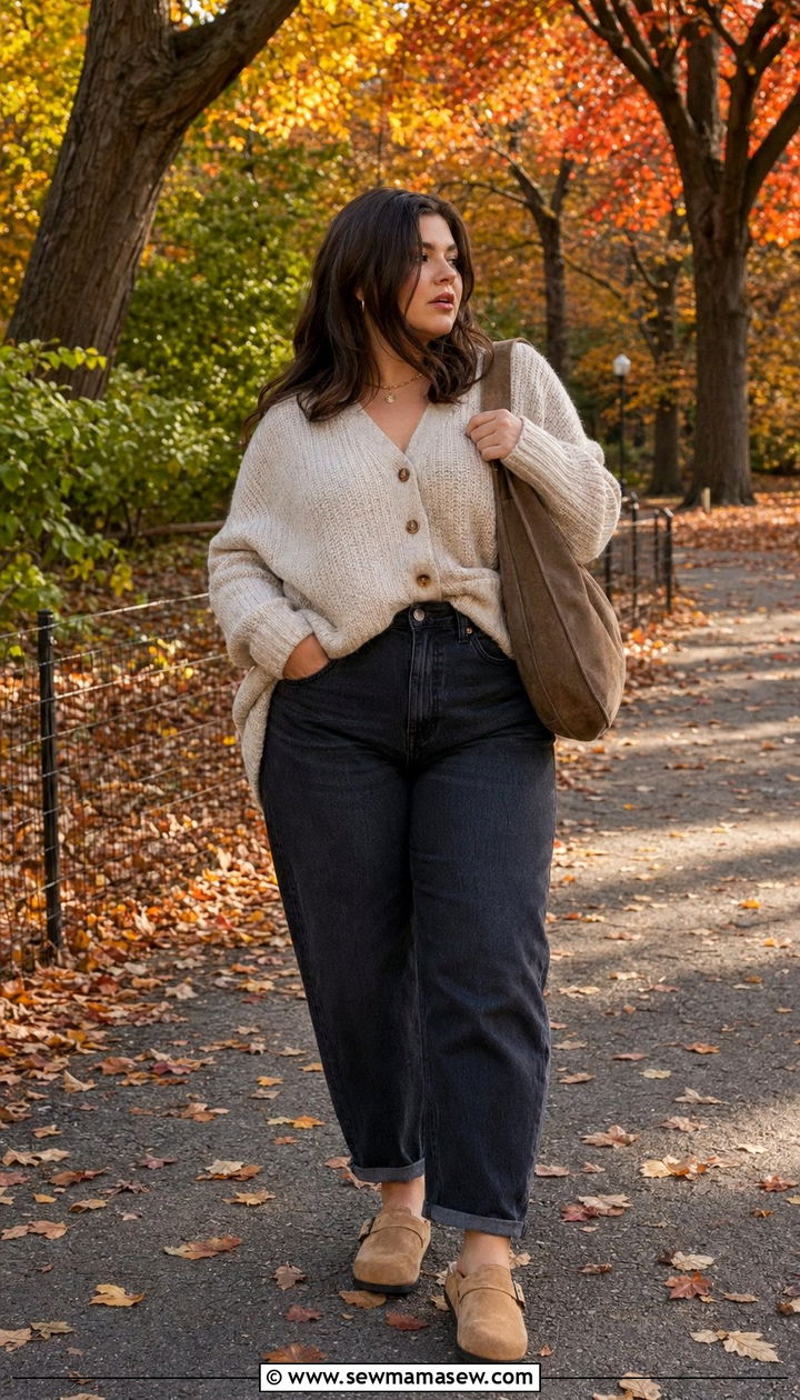 Relaxed fit tapered jeans with an oversized chunky cardigan and suede clogs - 30 Best jeans for plus size
