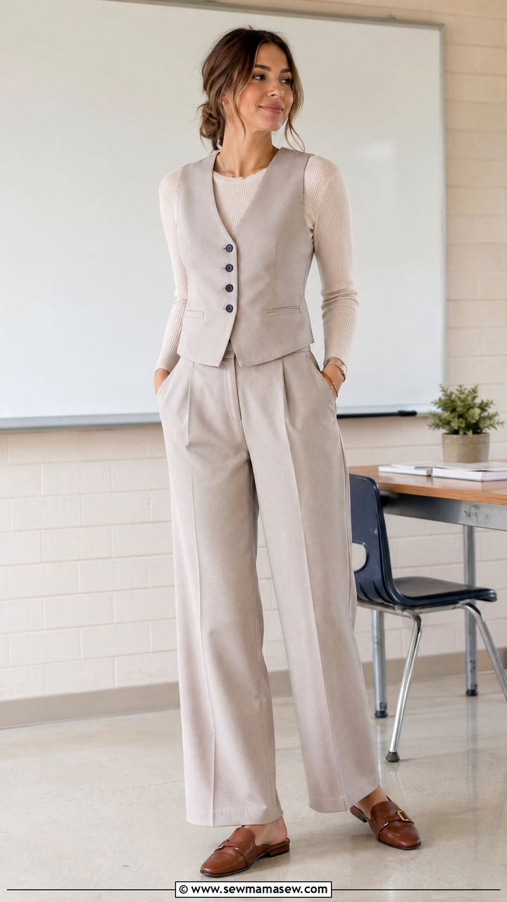 Relaxed vest set in soft stone - 35 Teacher outfits for spring