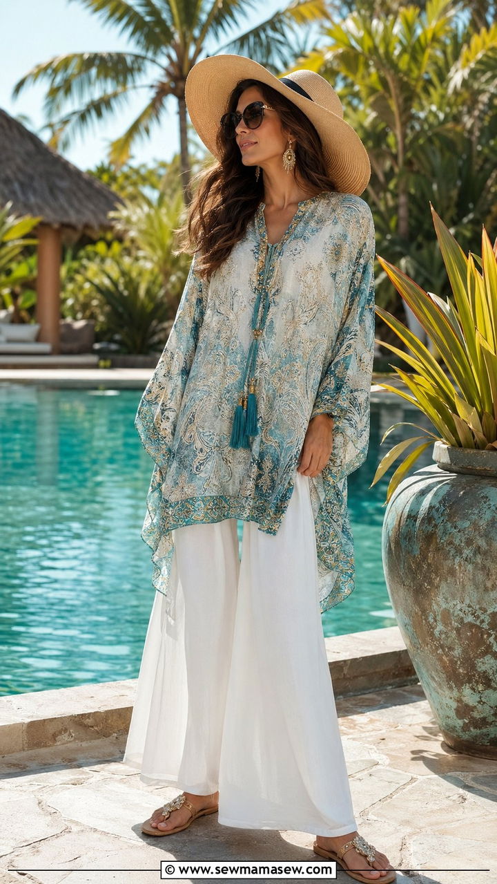 Resort Ready Palazzo Pants With Breezy Kaftan Top - 35 palazzo pants outfit ideas for women