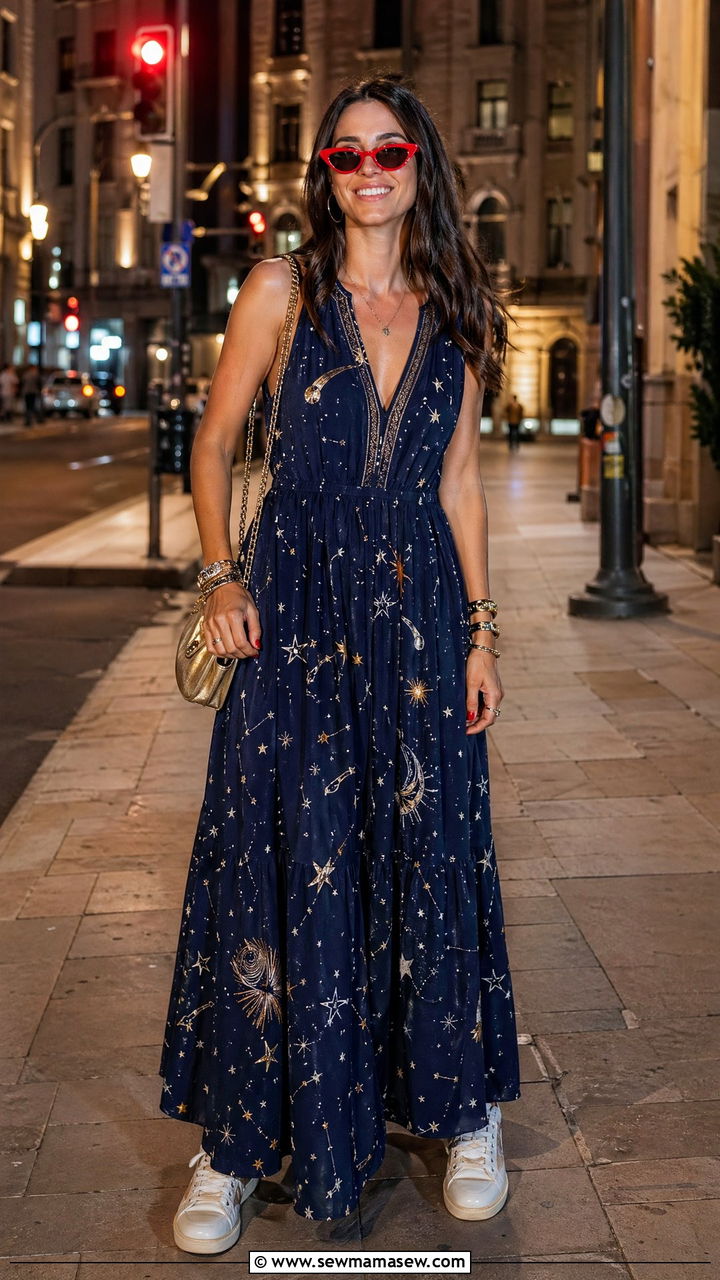 Retro Sneakers With a Graphic Maxi Dress - 35 Summer outfits with sneakers