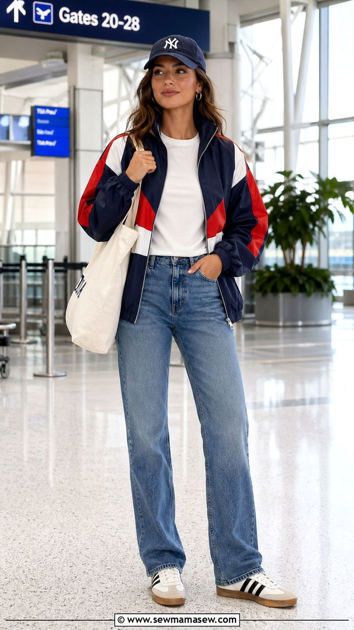 Retro Track Jacket with Straight Leg Jeans - 30 Sporty chic outfit ideas for travel