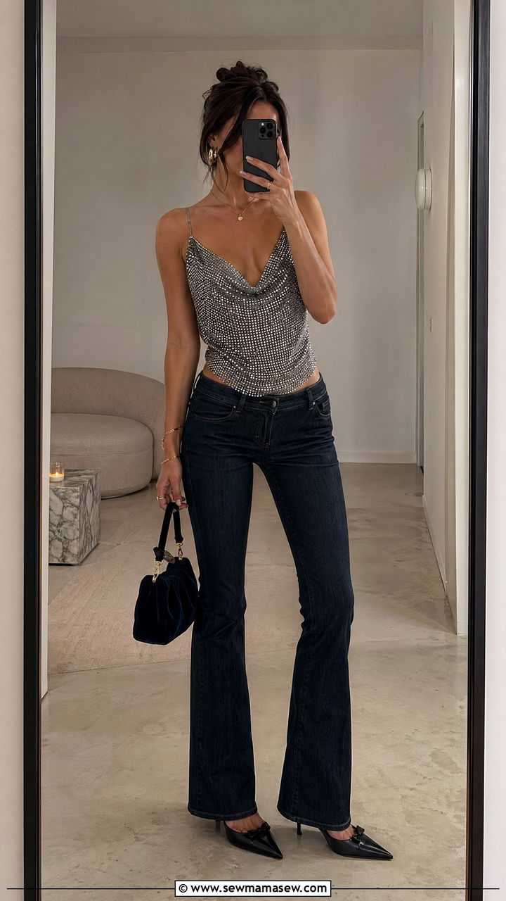 Rhinestone Tank with Bootcut Jeans and Kitten Heels - 35 y2k outfits for women