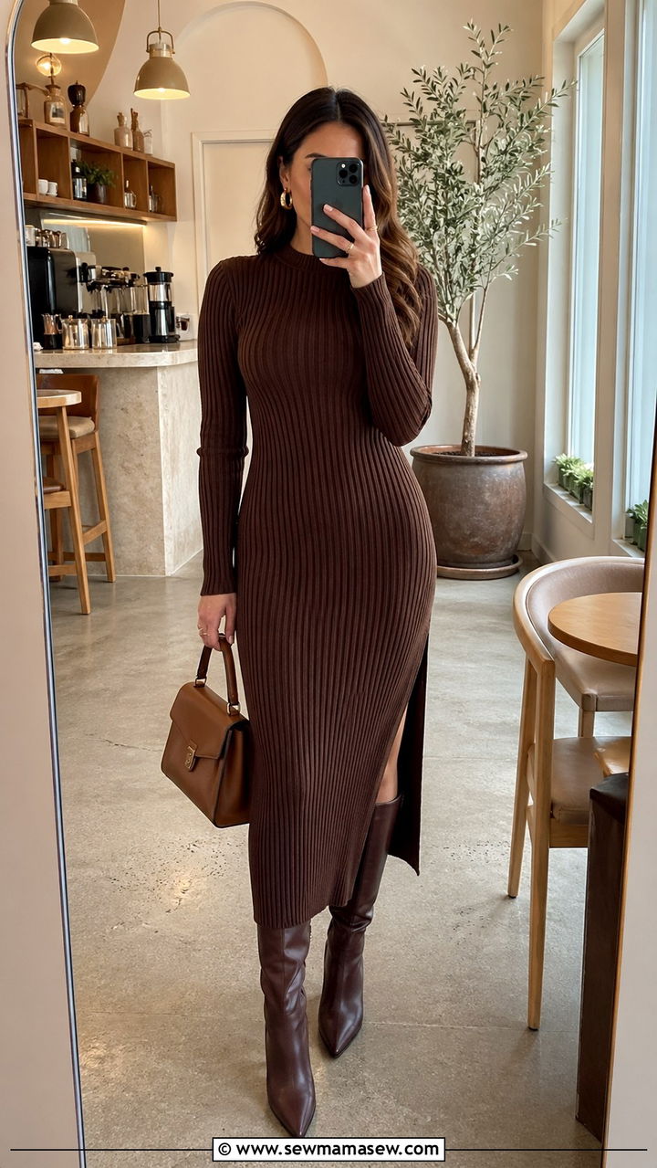 Ribbed Brown Knit Midi Dress with Knee High Boots - 40 All brown outfit ideas