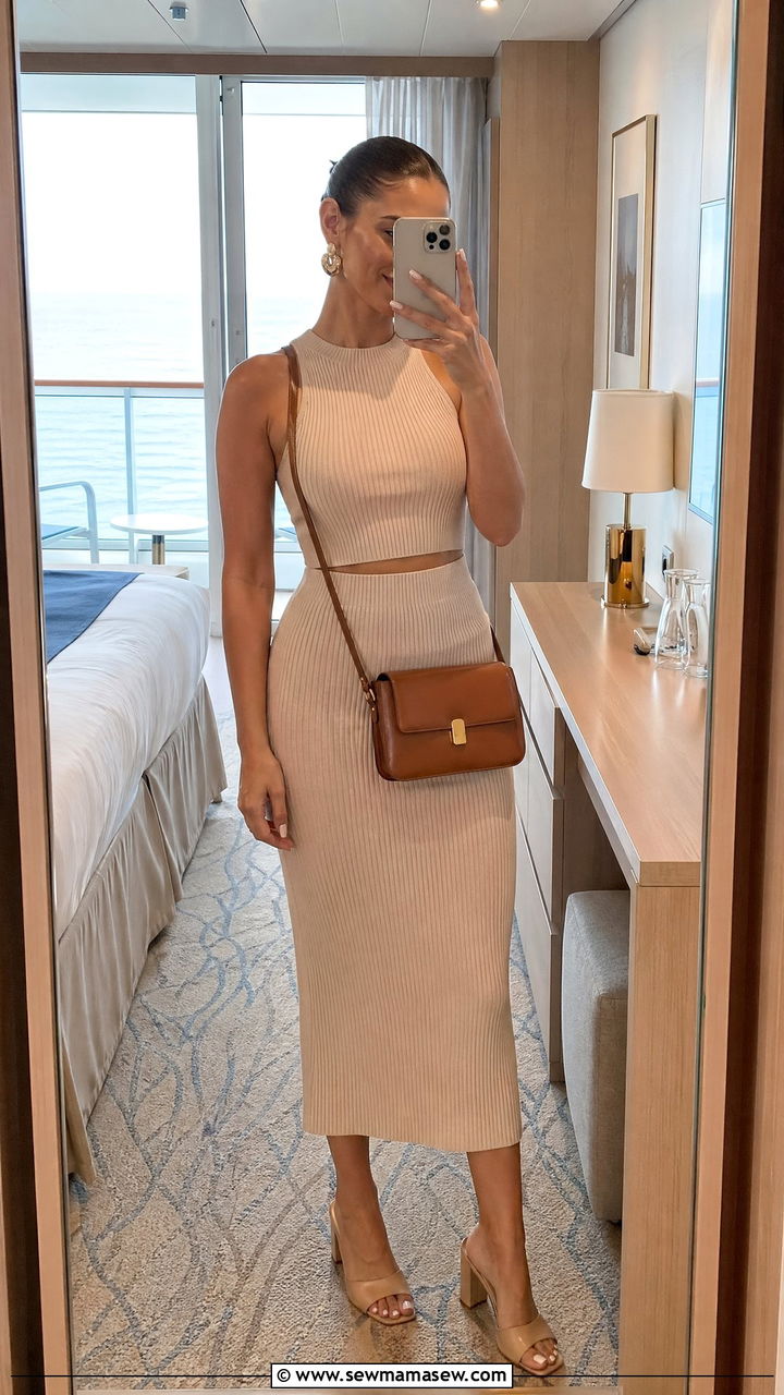 Ribbed Co ord Set with Open Toe Mules - 35 classy cruise outfit ideas