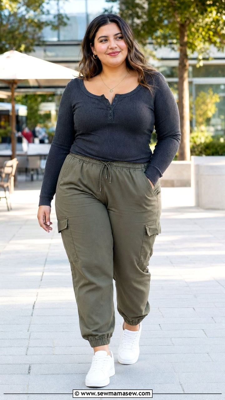 Ribbed Henley Top with Utility Jogger Pants Outfit - 30 Best tops for plus size