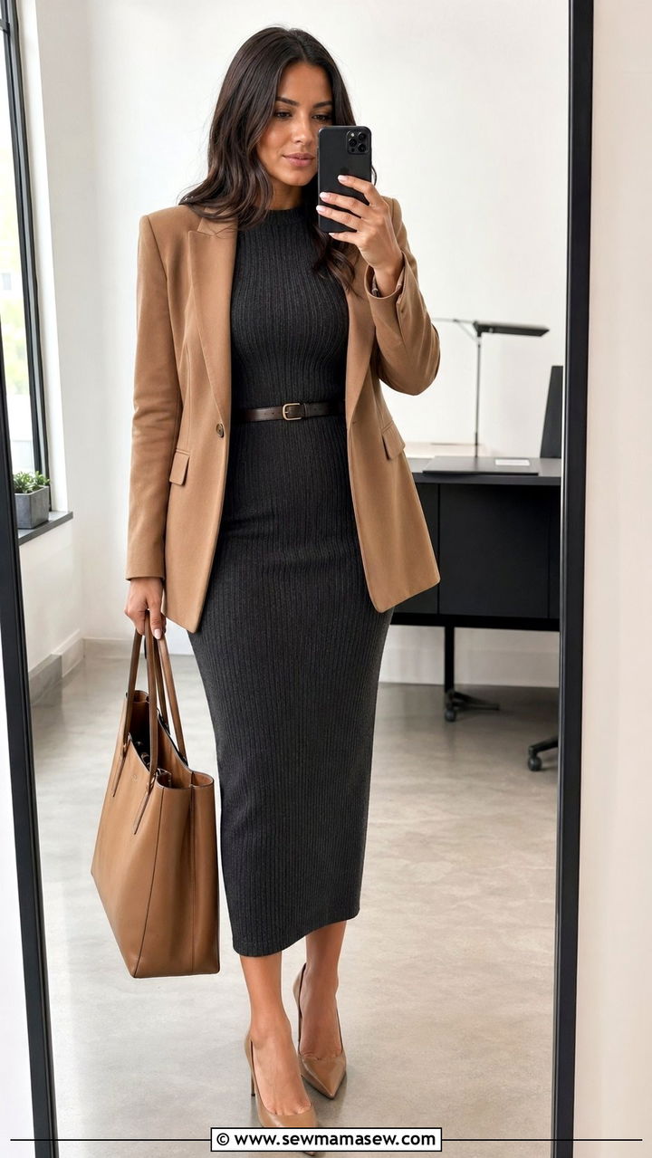 Ribbed Knit Bodycon Midi Dress With a Thin Belt Blazer and Pumps - 30 Bodycon dress outfit ideas with a belt