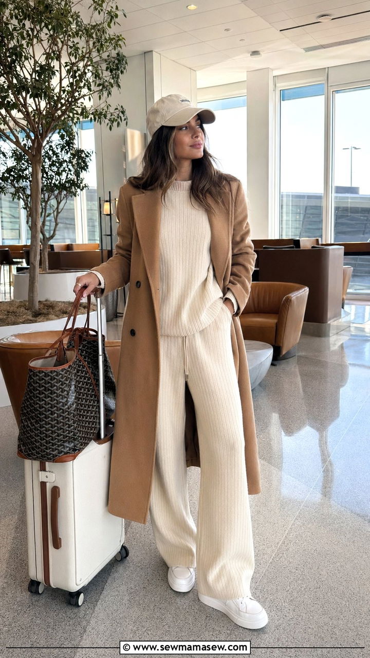 Ribbed Knit Co Ord Set With Classic Overcoat And Baseball Cap - 30 airport outfits inspo