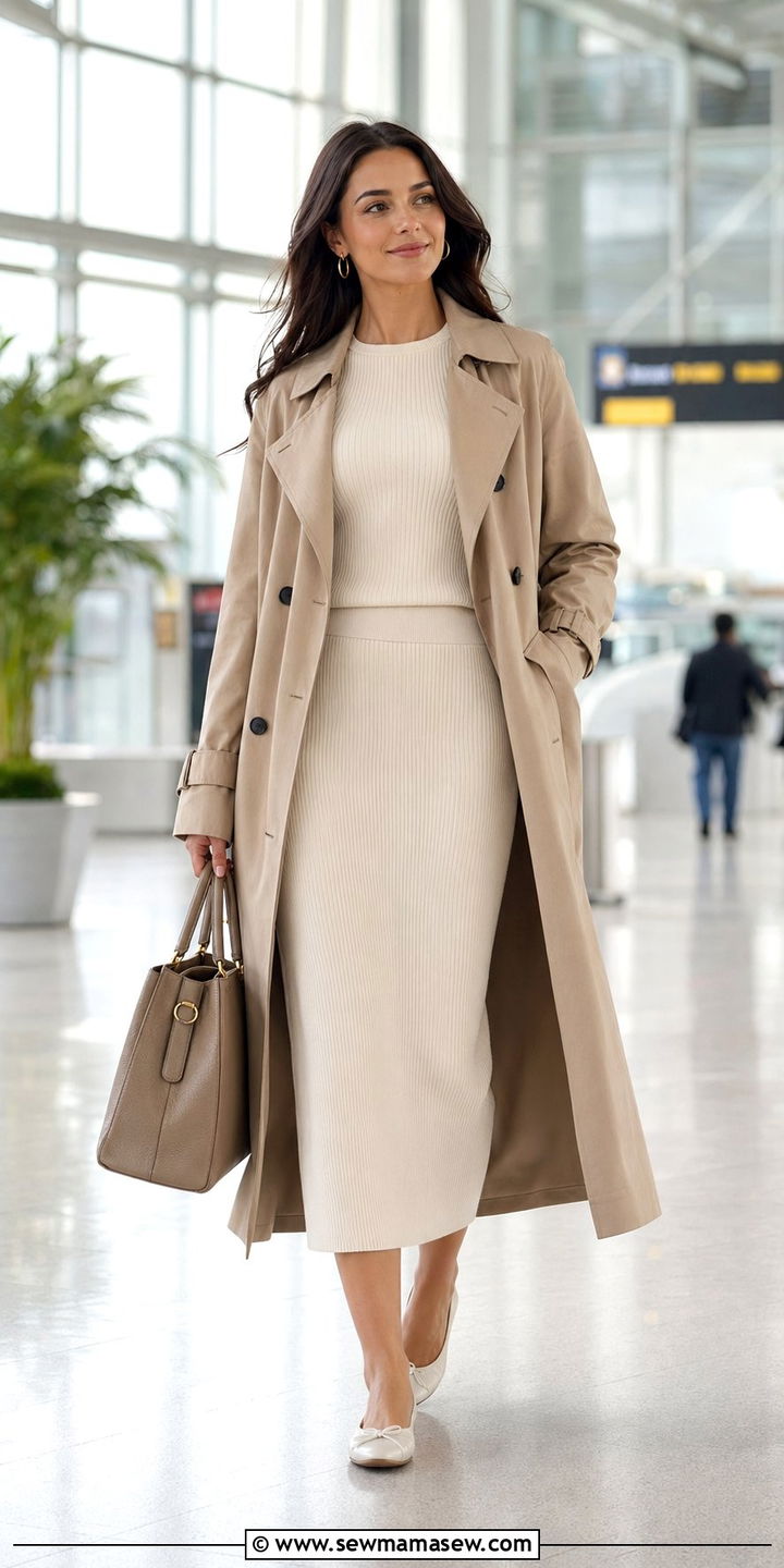 Ribbed Knit Coord Set Trench Coat Airport Outfit - 30 Airport outfit ideas aesthetic