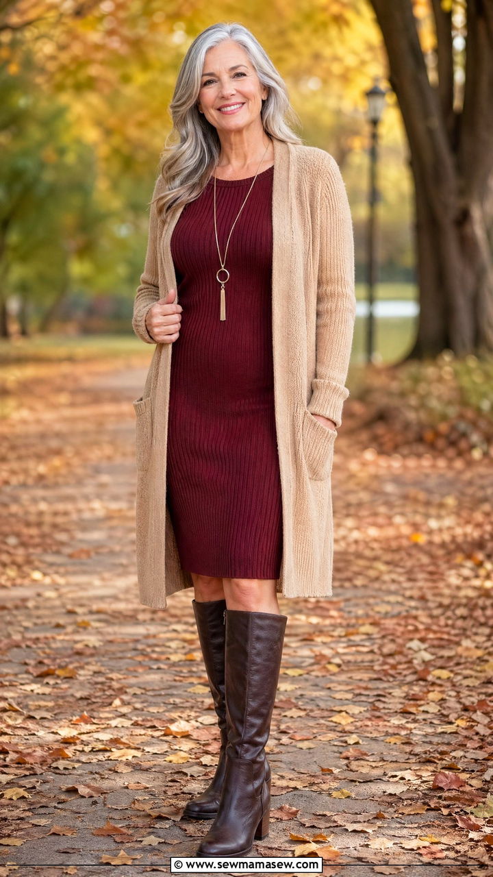 Ribbed Knit Dress With Long Cardigan And Knee High Boots - 35 Classy outfits for women over 50
