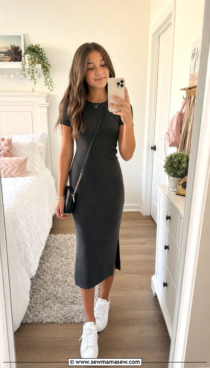 Ribbed Knit Dress With White Sneakers and Crossbody Bag - 30 Back to school outfit ideas middle school 2026