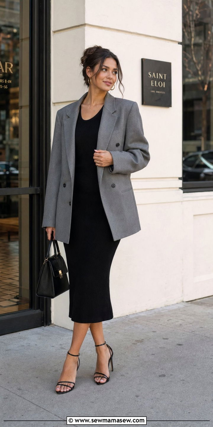 Ribbed Knit Dress and Oversized Blazer - 30 Weekend brunch outfit ideas
