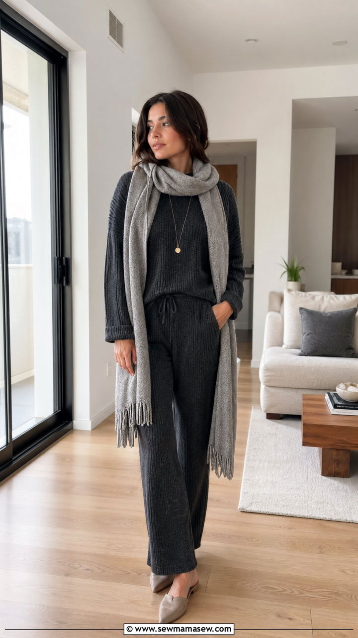 Ribbed Knit Lounge Set with Mules - 35 simple outfit ideas for women