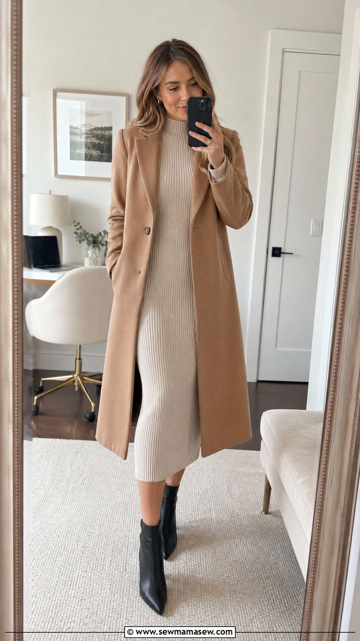 Ribbed Knit Midi Dress With Ankle Boots - 35 Cute work outfits for women