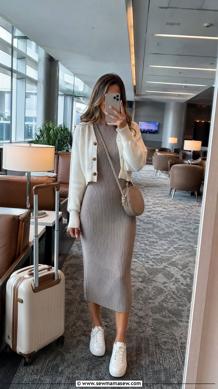 Ribbed Knit Midi Dress with Sneakers - 35 Comfy airport outfit ideas