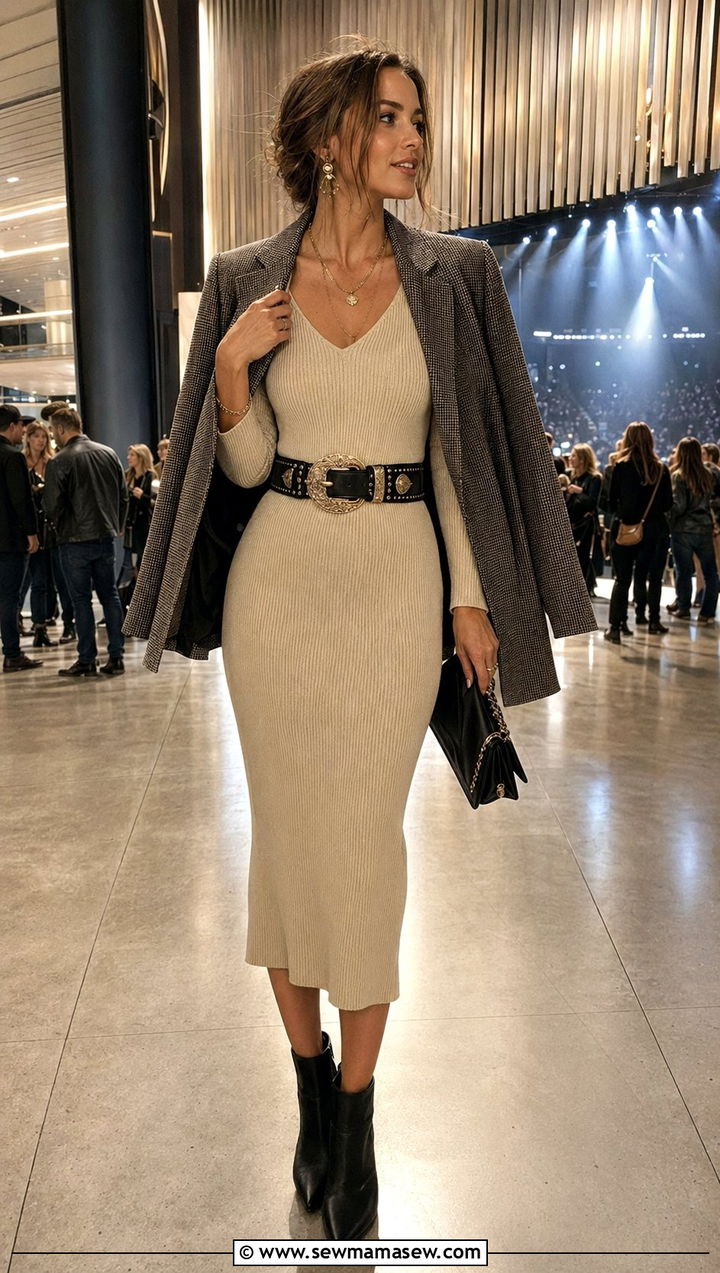 Ribbed Knit Midi Dress with Statement Belt and Boots - 30 Western concert outfit ideas