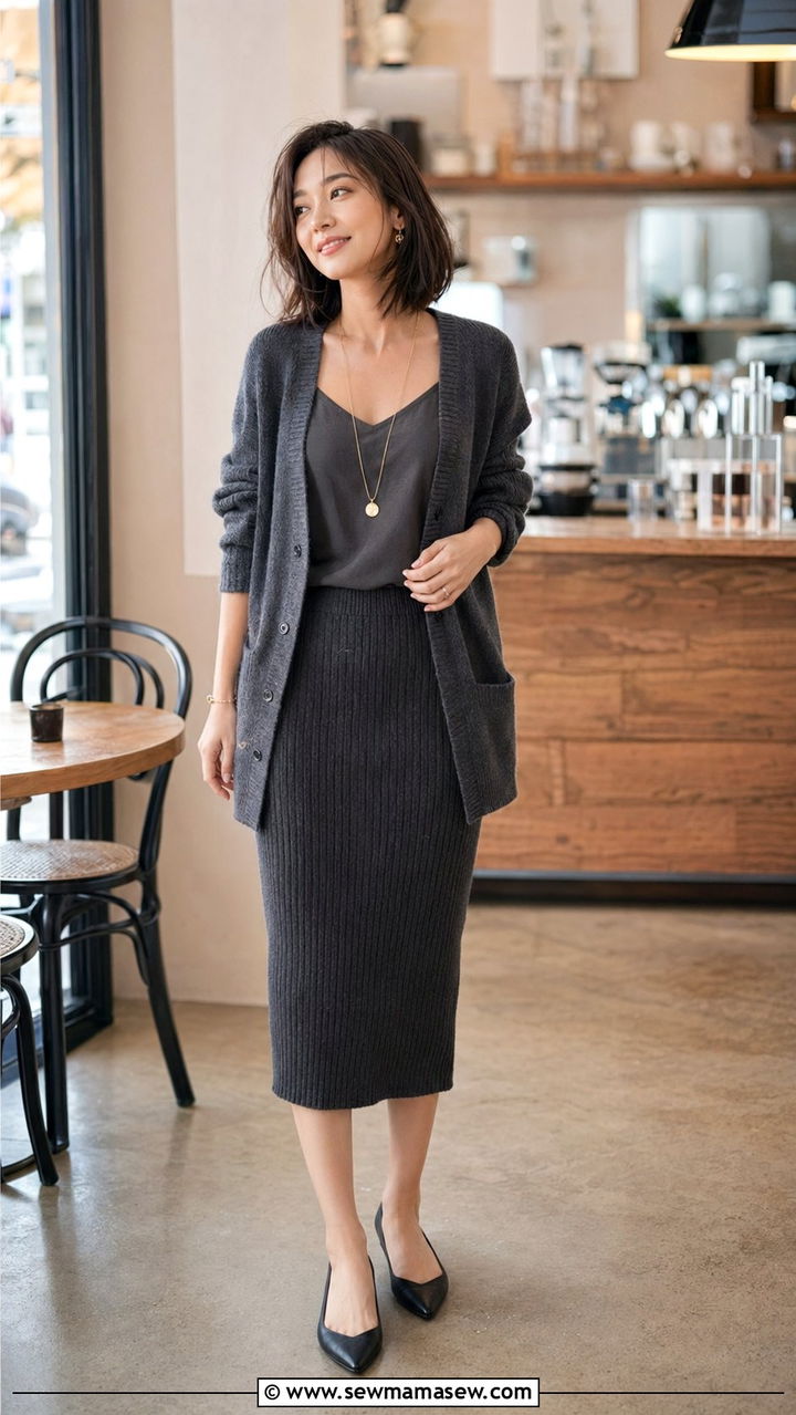 Ribbed Knit Midi Skirt With Cardigan - 30 Best skirts for petite women