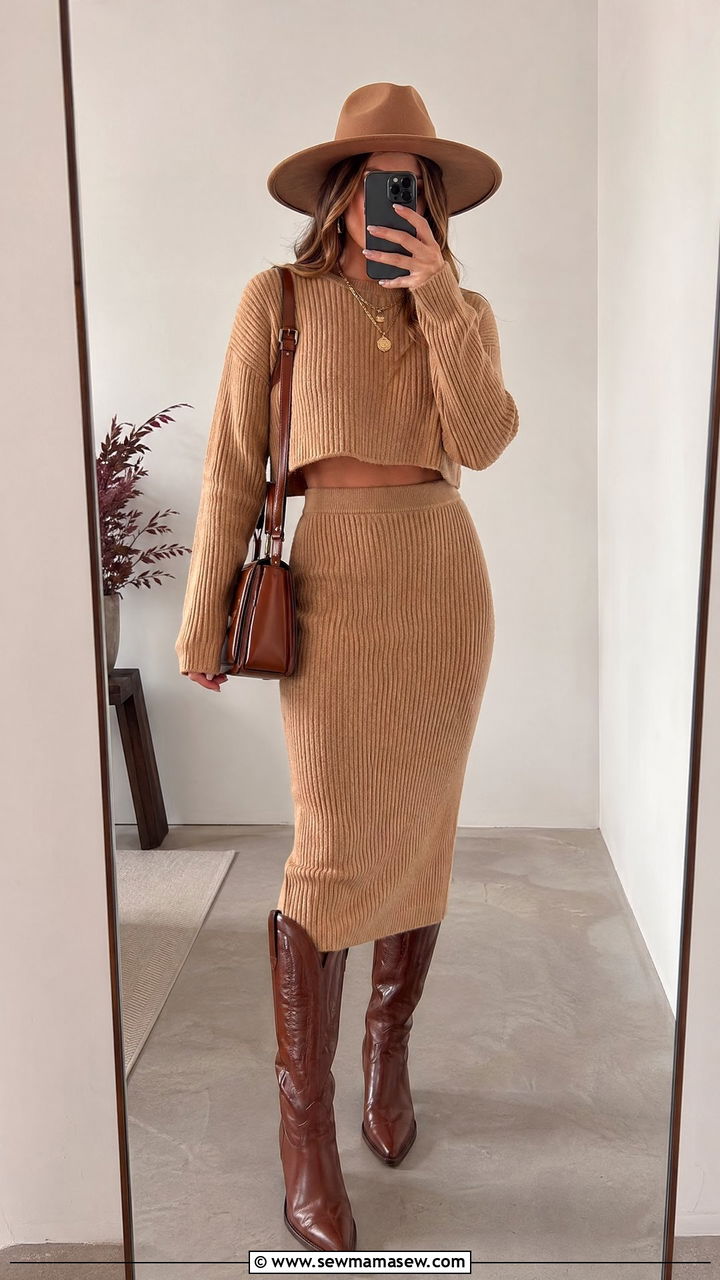 Ribbed Knit Set With Cowboy Hat And Boots - 35 western outfit ideas for women
