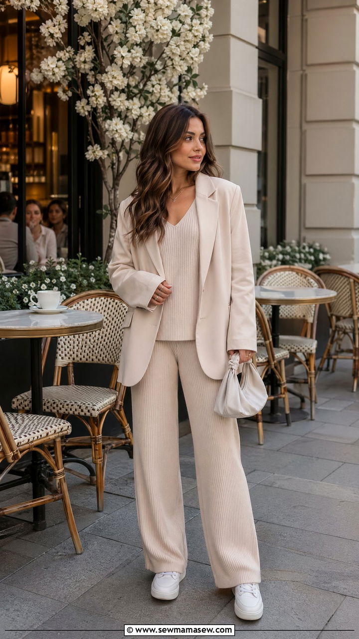 Ribbed Knit Set With Oversized Blazer - 35 spring soft girl outfit ideas