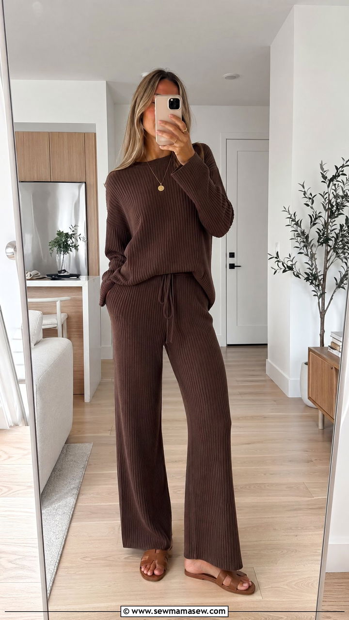 Ribbed Knit Set With Slides Outfit - 35 casual outfits for tall women