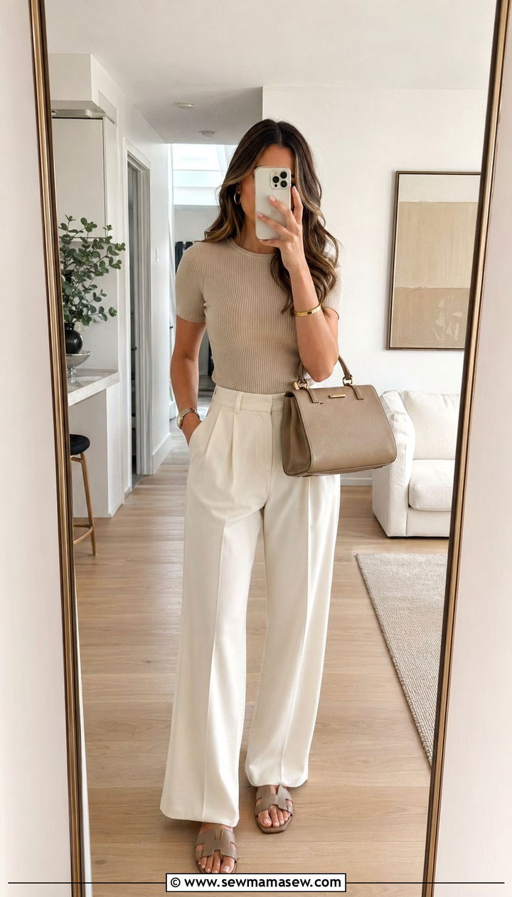 Ribbed Knit Top With Neutral Palazzo Pants - 35 palazzo pants outfit ideas for women