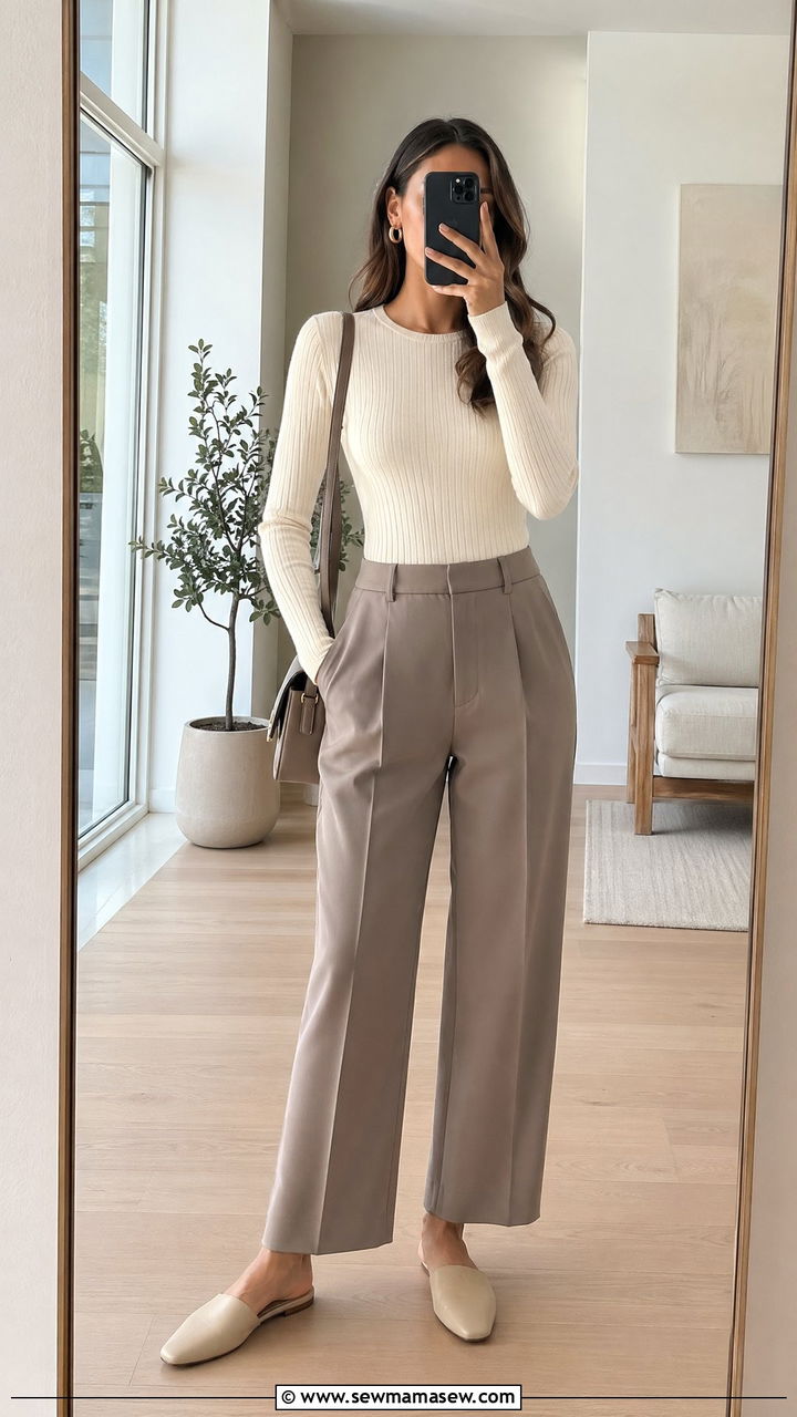Ribbed Knit Top With Wide Leg Pants - 35 spring comfortable outfit ideas