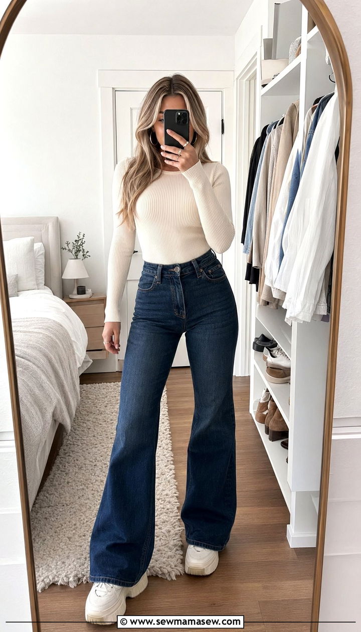 Ribbed Knit Top with Flared Jeans - 35 Outfit ideas for pear shape