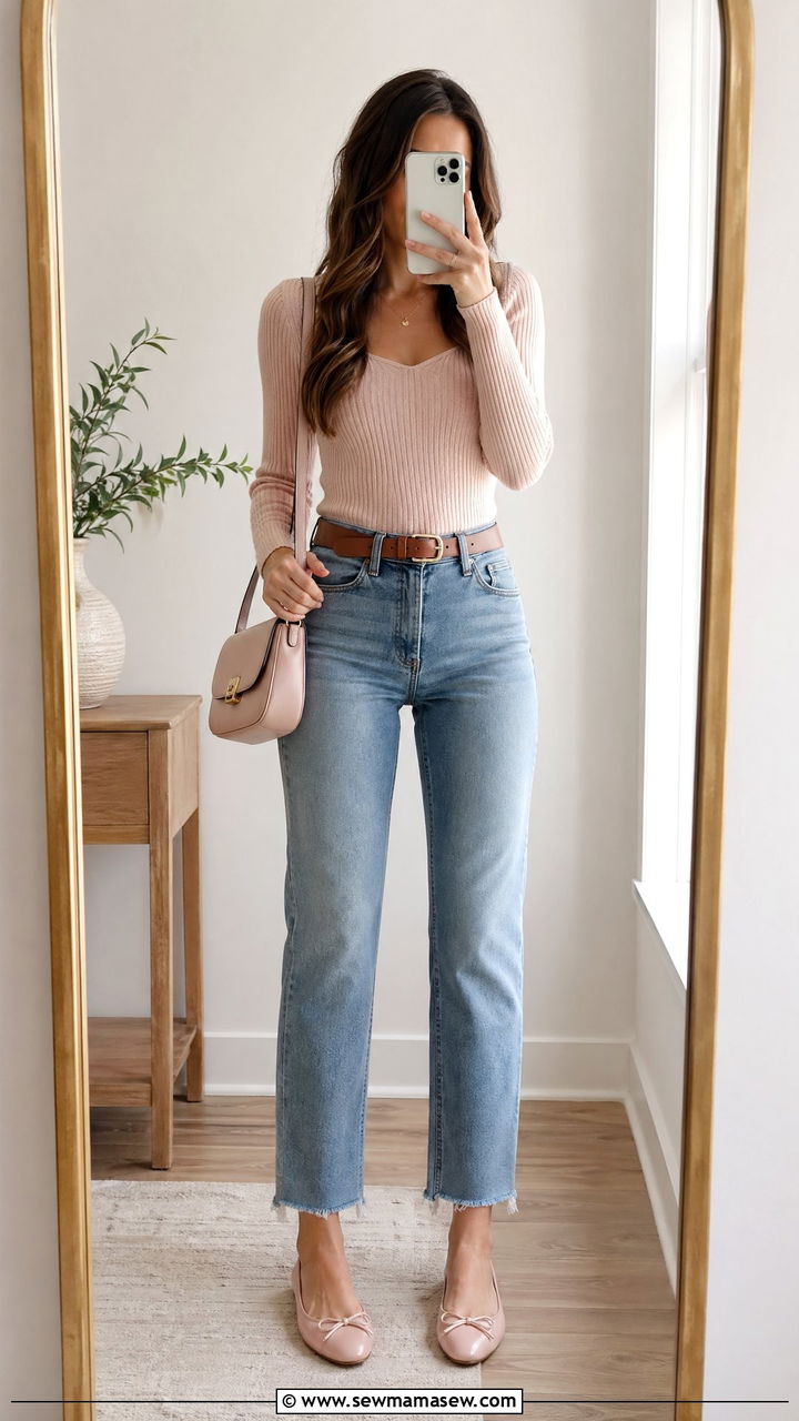 Ribbed Knit Top with Straight Leg Jeans and Ballet Flats - 35 cute outfits for women
