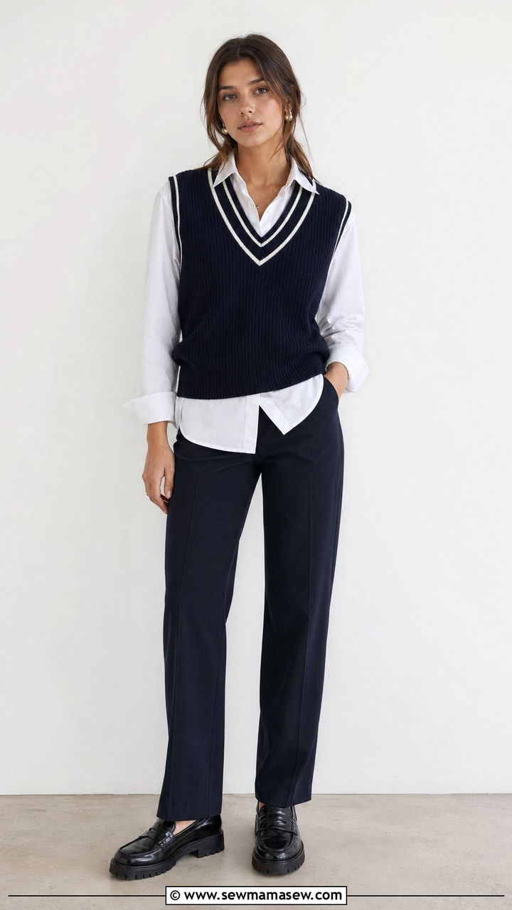 Ribbed Knit Vest Over White Button Up Shirt - 30 Back to school outfit ideas modest 2026