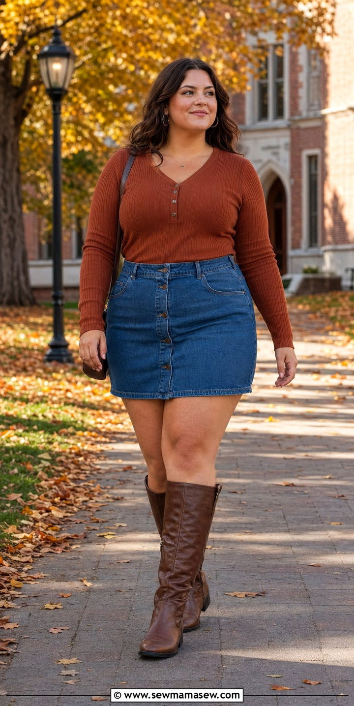 Ribbed Long Sleeve Top With Denim Skirt And Knee High Boots - 30 Back to school outfit ideas plus size college