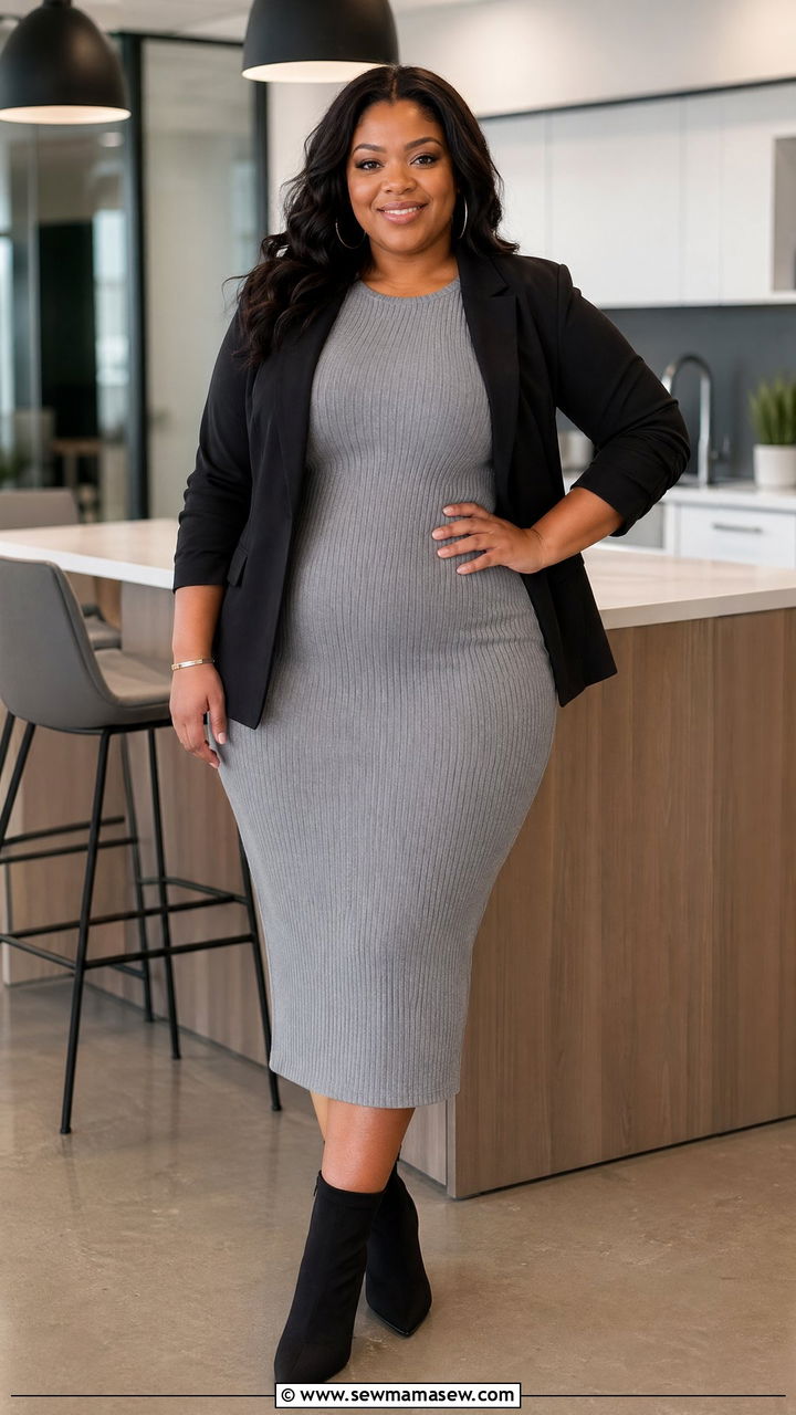 Ribbed Midi Dress With Blazer Outfit - 35 work outfits for plus size women