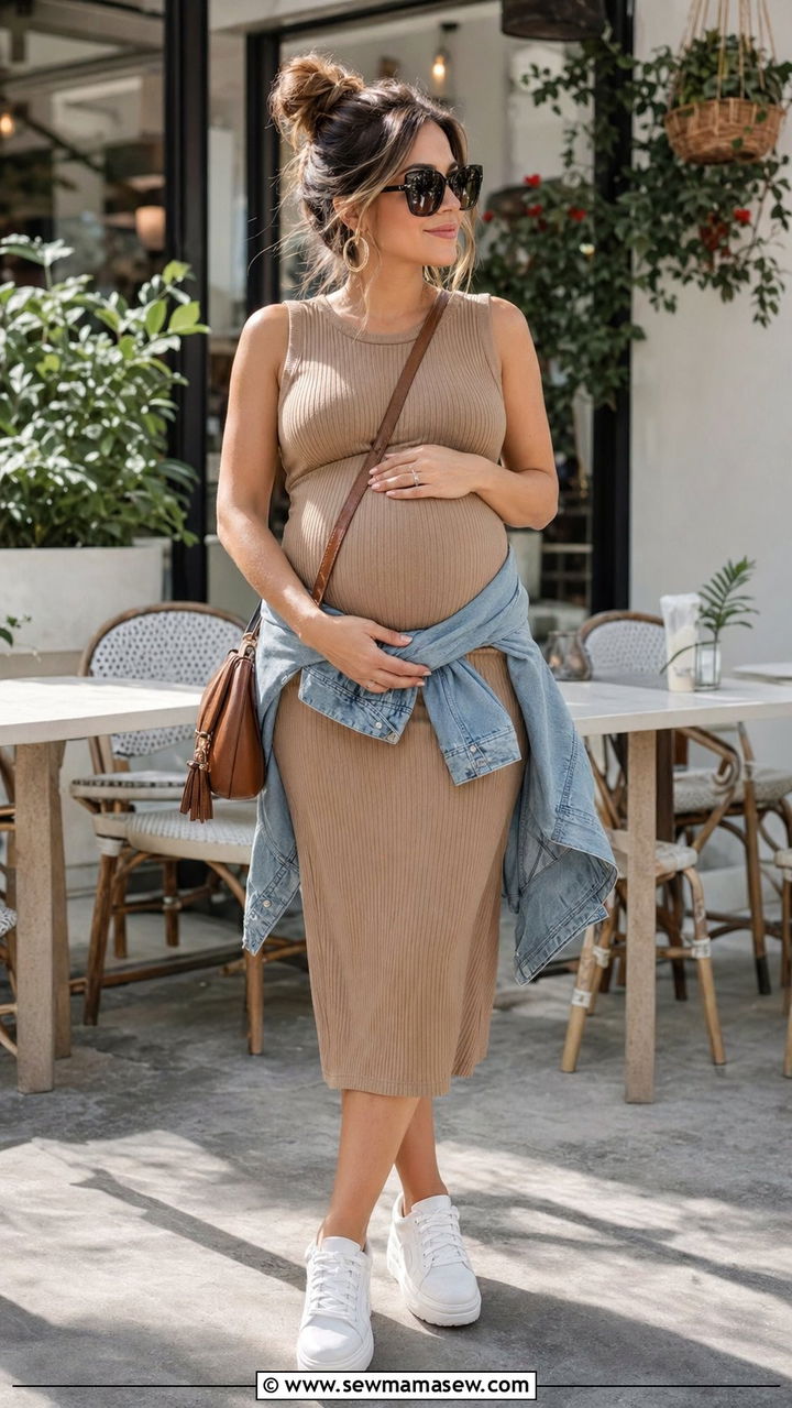 Ribbed Midi Dress With Crossbody Bag and Sneakers - 35 Postpartum outfit ideas