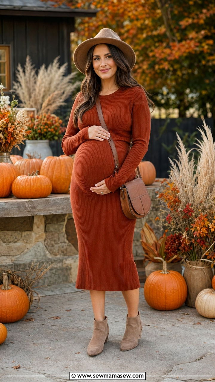 Ribbed Midi Dress with a Felt Fedora and Ankle Booties - 30 Baby shower outfits for mom to be