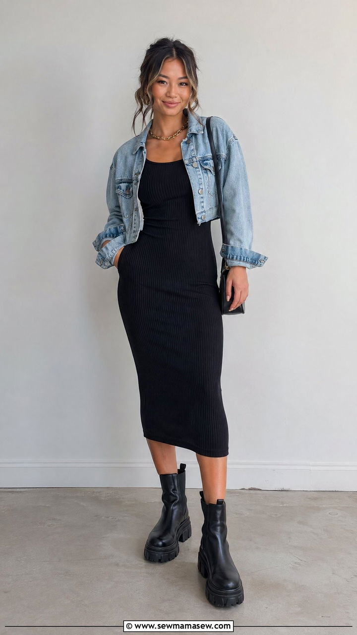 Ribbed Midi Tank Dress With A Cropped Denim Jacket And Ankle Boots - 35 Concert outfits for petite women