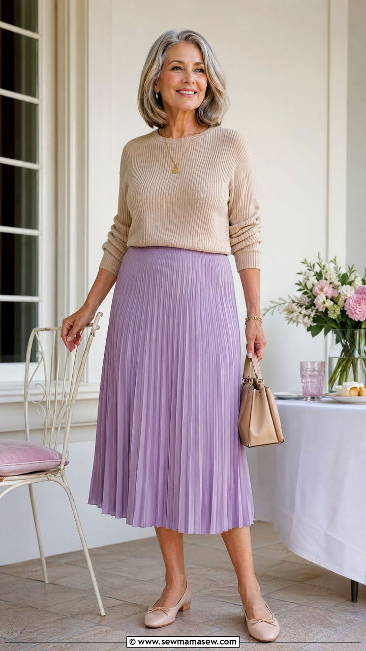 Ribbed Sweater And Lavender Pleated Skirt - 35 Spring outfits for women over 60