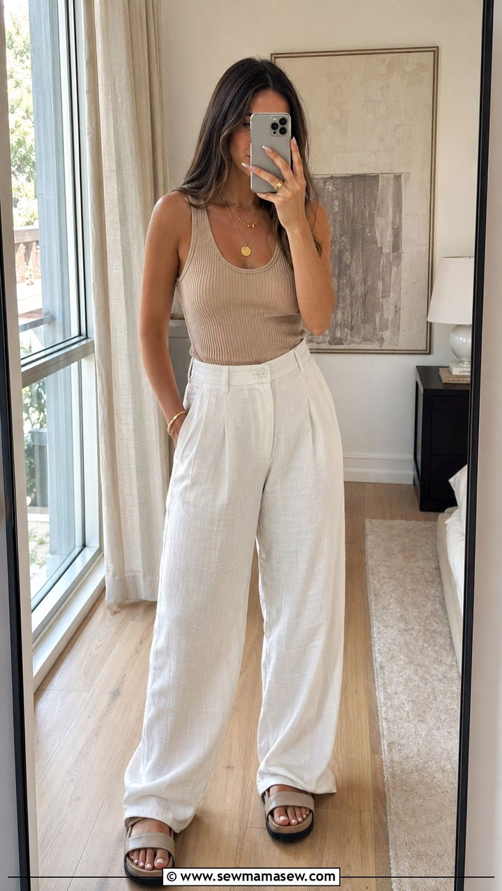 Ribbed Tank And Layered Necklaces With Wide Leg Linen Pants - 30 Wide leg linen pants outfit ideas for summer