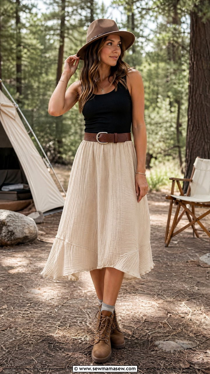 Ribbed Tank and Midi Skirt with Boots - 35 Summer camping outfit ideas