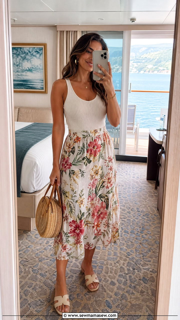 Ribbed Tank with Flowy Printed Skirt - 35 Cruise outfit ideas for women